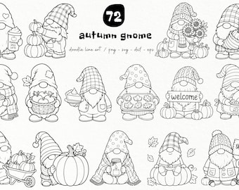 Paquete de imágenes prediseñadas de gnomos otoñales / Arte lineal otoñal en formato SVG / Conjunto de acogedores garabatos en formato PNG (72 archivos) (Descarga digital - Uso comercial)