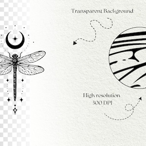 Puede incluir: Una ilustraci&oacute;n digital en blanco y negro de una lib&eacute;lula situada bajo una luna creciente y estrellas. A la derecha, una vista circular detallada muestra la compleja textura de las alas. El texto dice Transparent Background y High resolution 300 DPI.