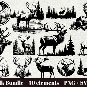 Pacchetto di alci in formato SVG / Alci in montagna in formato SVG / Alci nella foresta in formato SVG / Silhouette nella foresta in formato SVG / Caccia all'alce in formato SVG / Uso commerciale / Download immediato