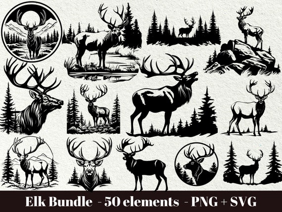 Elk svg bundle / Elk mountain svg / Elk in the forest svg / Forest silhouette svg / Elk hunting svg / Commercial use / Instant Download