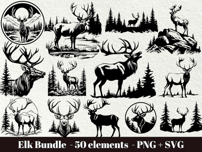 May include: A black and white illustration set of elk, deer, and forest scenes. The set includes various poses of elk, including standing, walking, and running. There are also several forest scenes with trees and mountains. The set is perfect for creating projects such as t-shirts, mugs, and other crafts.