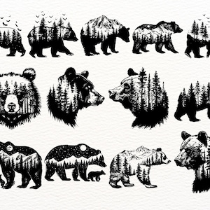 May include: A collection of black and white illustrations of bears with forest scenes inside them. Some bears are standing, some are walking, and some are looking to the side. The illustrations are in a minimalist style.
