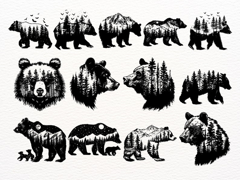 May include: A collection of black and white illustrations of bears with forest scenes inside them. Some bears are standing, some are walking, and some are looking to the side. The illustrations are in a minimalist style.
