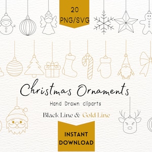 Christmas baubles Clipart / Christmas angel PNG / Christmas Tree ornament SVG / Gold Christmas Clipart / Christmas line art svg