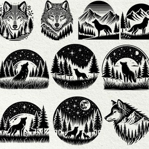 May include: A set of ten black and white illustrations featuring wolves in various poses and settings. The illustrations include a wolf howling at the moon, a wolf running through a forest, and a wolf standing on a mountaintop. The illustrations are perfect for use in a variety of projects, such as t-shirt designs, website graphics, and social media posts.