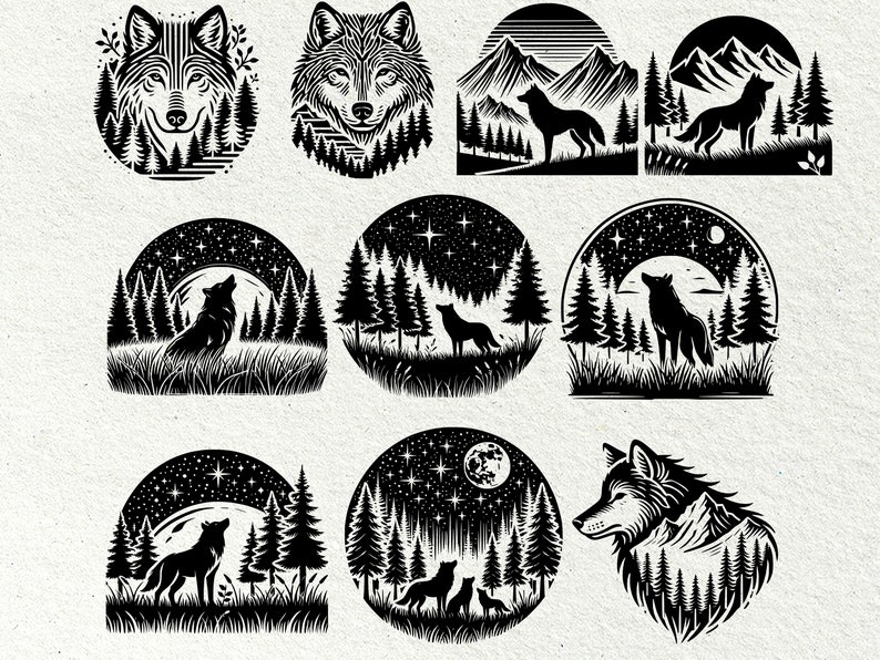 May include: A set of ten black and white illustrations featuring wolves in various poses and settings. The illustrations include a wolf howling at the moon, a wolf running through a forest, and a wolf standing on a mountaintop. The illustrations are perfect for use in a variety of projects, such as t-shirt designs, website graphics, and social media posts.