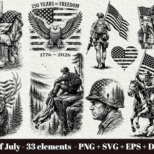 May include: Black and white illustrations of patriotic symbols and figures. Includes an American flag draped over a cross, an eagle with the American flag, soldiers, a heart-shaped flag, a deer with a flag, a soldier on a cliff, a soldier's helmet, and a cowboy on a horse. Text: "250 YEARS OF FREEDOM" and "1776-2026".