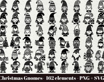 May include: A set of 162 black and white Christmas gnome illustrations. The gnomes are in various poses, including standing, sitting, and holding objects. Some gnomes are wearing hats, while others are wearing scarves. The gnomes are all in a festive Christmas theme.