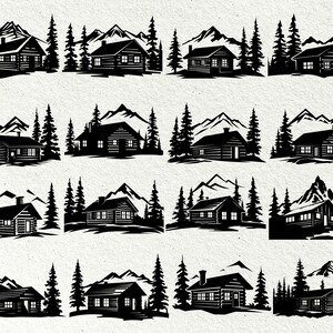 Cabaña de troncos svg, Casa de montaña svg, Casa en el bosque svg, Cabaña rústica svg, Descarga instantánea, Paquete de montaña Svg, Uso comercial imagen 2