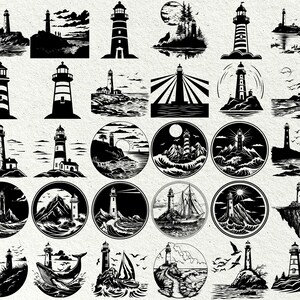 May include: A collection of 25 black and white illustrations of lighthouses in various settings. The lighthouses are depicted in different styles, some with waves, some with rocks, and some with boats. The illustrations are perfect for use in digital or physical projects.