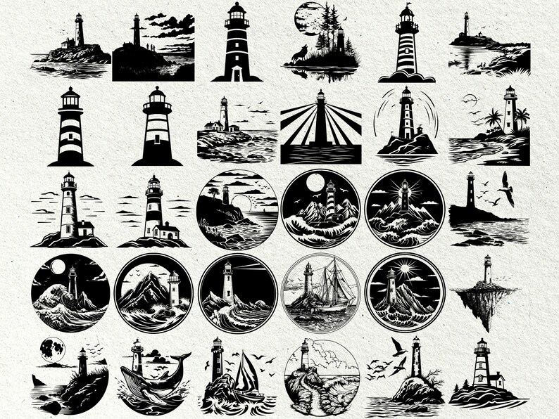 May include: A collection of 25 black and white illustrations of lighthouses in various settings. The lighthouses are depicted in different styles, some with waves, some with rocks, and some with boats. The illustrations are perfect for use in digital or physical projects.