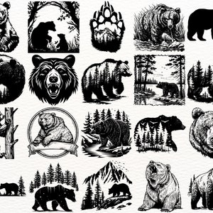 May include: A collection of 20 black and white illustrations of bears in various poses and settings. Some bears are standing, walking, or sitting, while others are in a more stylized or abstract design. The illustrations feature a variety of details, such as trees, mountains, and paw prints.