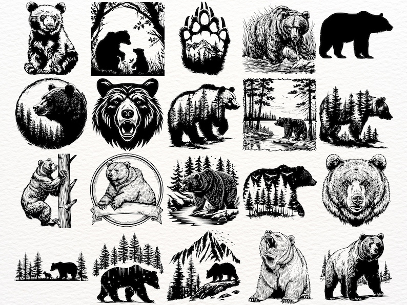 May include: A collection of 20 black and white illustrations of bears in various poses and settings. Some bears are standing, walking, or sitting, while others are in a more stylized or abstract design. The illustrations feature a variety of details, such as trees, mountains, and paw prints.