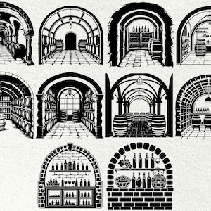 Op de afbeelding: Een set van negen zwart-wit illustraties van wijnkelders. De illustraties tonen verschillende kenmerken van een wijnkelder, waaronder vaten, flessen, planken en tafels.