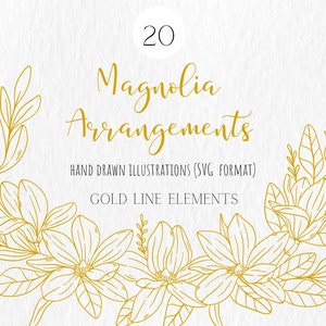 Corona de oro clipart / Gold Line ART Flowers / arreglo floral PNG / Ramos florales dorados / Golden flower clipart / Magnolia Wreath
