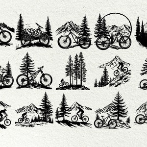 Puede incluir: Un conjunto de 10 ilustraciones de siluetas de bicicletas de monta&ntilde;a en blanco y negro. Cada ilustraci&oacute;n presenta a un ciclista de monta&ntilde;a en una variedad de poses, incluyendo la conducci&oacute;n cuesta arriba, cuesta abajo y en terreno plano. Las ilustraciones se establecen en un contexto de monta&ntilde;as y &aacute;rboles.