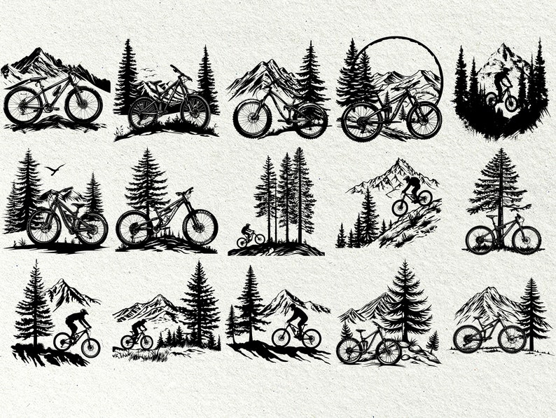 Puede incluir: Un conjunto de 10 ilustraciones de siluetas de bicicletas de monta&ntilde;a en blanco y negro. Cada ilustraci&oacute;n presenta a un ciclista de monta&ntilde;a en una variedad de poses, incluyendo la conducci&oacute;n cuesta arriba, cuesta abajo y en terreno plano. Las ilustraciones se establecen en un contexto de monta&ntilde;as y &aacute;rboles.