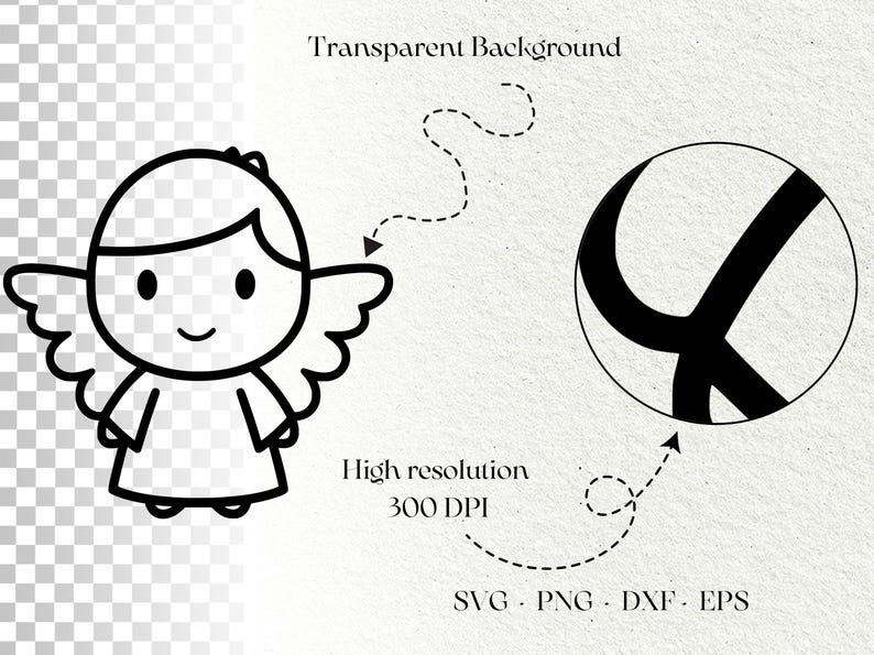 Op de afbeelding: Een zwart-wit cartoon illustratie van een engel met vleugels, een halo en een lachend gezicht. De afbeelding bevat de tekst "Transparante Achtergrond", "Hoge resolutie 300 DPI" en bestandstype opties: SVG, PNG, DXF en EPS.