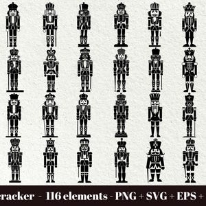 May include: A set of 116 black and white silhouette images of nutcrackers. The nutcrackers are in various poses and designs, including some with hats and some with beards.