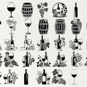 Op de afbeelding: Een verzameling zwart-wit illustraties van wijnflessen, glazen, druiven en vaten. De illustraties zijn in vintage stijl.