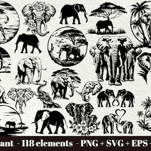 May include: A collection of 118 black and white silhouette illustrations of elephants in various poses and settings. The elephants are depicted in a variety of sizes and positions, including standing, walking, and playing. Some of the elephants are surrounded by trees, while others are in open fields. The illustrations are perfect for use in a variety of creative projects, such as scrapbooking, card making, and digital design.