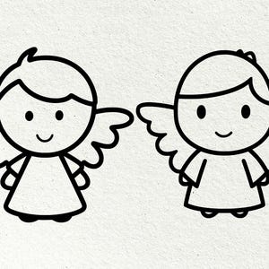 Op de afbeelding: Twee cartoon engel illustraties in zwarte omtrek. Elke engel heeft een rond hoofd, kleine vleugels en een eenvoudige jurk. De ene engel heeft een pluk haar, de andere een haarband.