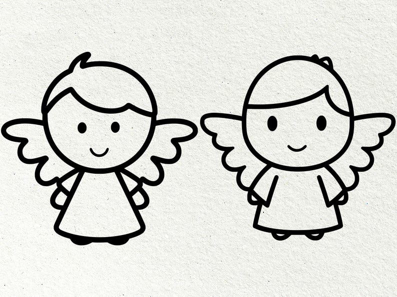 Op de afbeelding: Twee cartoon engel illustraties in zwarte omtrek. Elke engel heeft een rond hoofd, kleine vleugels en een eenvoudige jurk. De ene engel heeft een pluk haar, de andere een haarband.