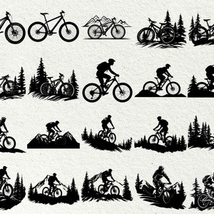 Puede incluir: Una colecci&oacute;n de ilustraciones en silueta en blanco y negro de ciclistas de monta&ntilde;a que recorren bosques y monta&ntilde;as. Las ilustraciones presentan una variedad de poses y escenarios, mostrando la emoci&oacute;n y la aventura del ciclismo de monta&ntilde;a.