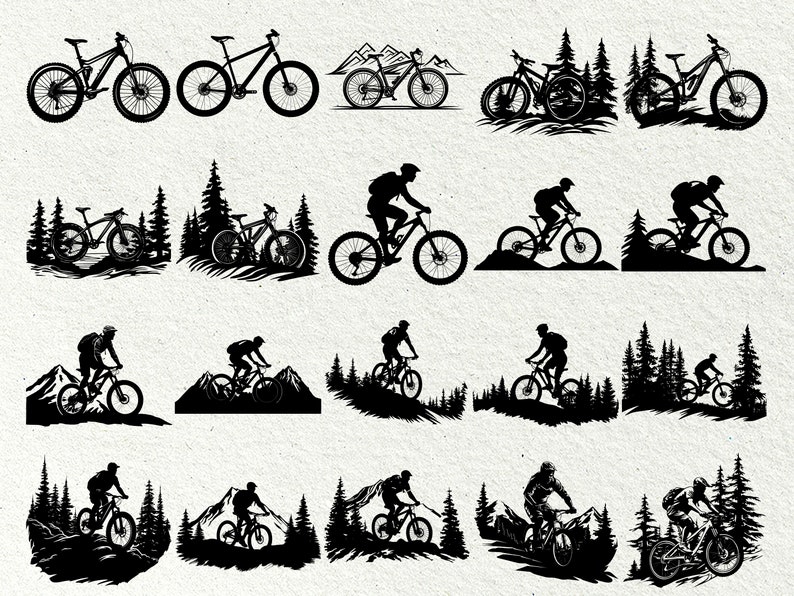 Puede incluir: Una colecci&oacute;n de ilustraciones en silueta en blanco y negro de ciclistas de monta&ntilde;a que recorren bosques y monta&ntilde;as. Las ilustraciones presentan una variedad de poses y escenarios, mostrando la emoci&oacute;n y la aventura del ciclismo de monta&ntilde;a.