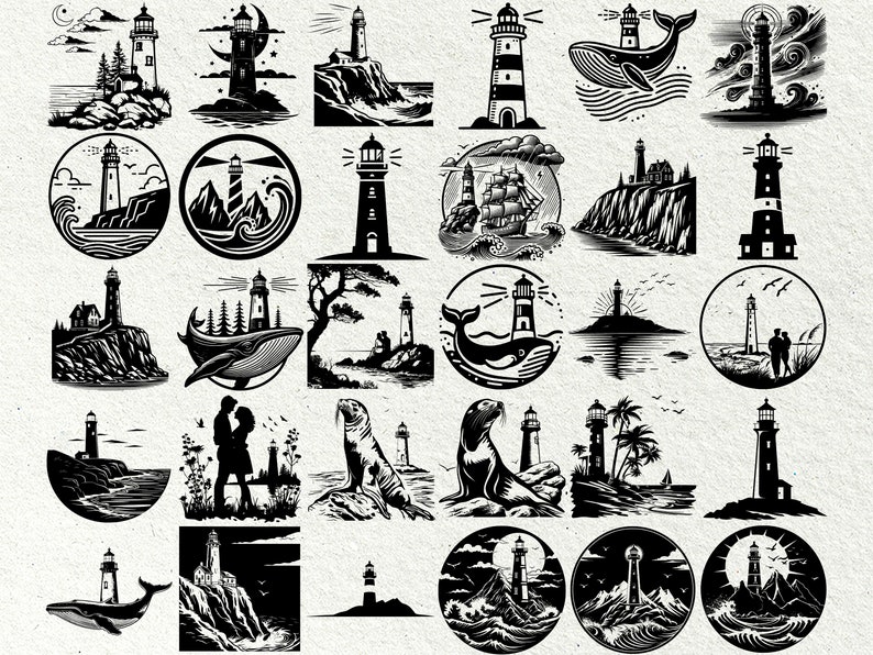 May include: A collection of 25 black and white illustrations featuring lighthouses, seascapes, and nautical elements. The illustrations are in various styles, including simple line drawings and more detailed designs. Some illustrations feature whales, boats, and seagulls.