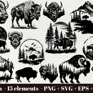 Op de afbeelding: Een set van 15 zwart-witte vectorillustraties van bizons, bergen en bomen. De illustraties zijn in silhouetstijl en perfect voor gebruik in knutselprojecten, scrapbooking of digitaal ontwerp.