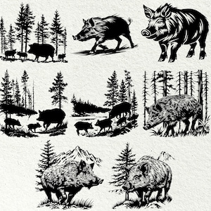 May include: Black and white silhouette illustrations of wild boars in a forest setting. The illustrations feature boars of different sizes and ages, some with their young, walking through a dense forest with tall trees.