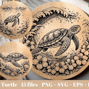 May include: Three circular wooden plaques featuring black line art illustrations of sea turtles. The largest plaque shows a turtle swimming through a wave surrounded by hibiscus flowers. The smaller plaques depict turtles with coral, shells, and starfish.