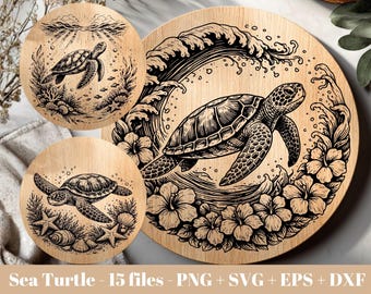 May include: Three circular wooden plaques featuring black line art illustrations of sea turtles. The largest plaque shows a turtle swimming through a wave surrounded by hibiscus flowers. The smaller plaques depict turtles with coral, shells, and starfish.