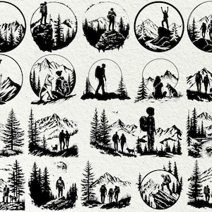 May include: A collection of black and white illustrations depicting outdoor scenes. Each circular design features silhouettes of people hiking, mountains, trees, and some include dogs. The images evoke a sense of adventure and nature.