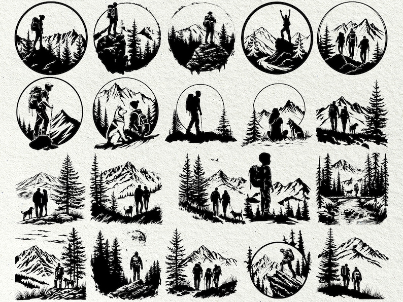 May include: A collection of black and white illustrations depicting outdoor scenes. Each circular design features silhouettes of people hiking, mountains, trees, and some include dogs. The images evoke a sense of adventure and nature.