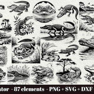 May include: A collection of 87 black and white illustrations of alligators in various poses. The illustrations are in a vintage style and feature alligators in water, on land, and in different environments. The illustrations are perfect for use in crafts, scrapbooking, and other creative projects.