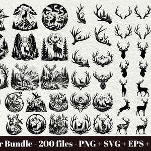 Può includere: Una collezione di illustrazioni digitali in bianco e nero con cervi, palchi e paesaggi forestali. Il set include varie sagome e dettagliati disegni circolari. Il testo in basso recita: Deer Bundle - 200 files - PNG + SVG + EPS + DXF.