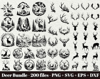 Deer Silhouette SVG Bundle, Antler Hunting Clipart, Forest Mountain Laser Engraving PNG (200 Files - Commercial Use)