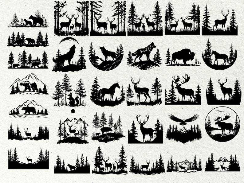 K&ouml;nnte beinhalten: Eine Sammlung von 25 Schwarzwei&szlig;-Silhouettenillustrationen mit verschiedenen Tieren in einer Waldlandschaft. Zu den Tieren geh&ouml;ren B&auml;ren, W&ouml;lfe, Hirsche, Pferde, Bisons, Elche und ein Adler. Die Illustrationen eignen sich perfekt f&uuml;r die Verwendung in Bastel-, Scrapbooking- oder digitalen Designprojekten.
