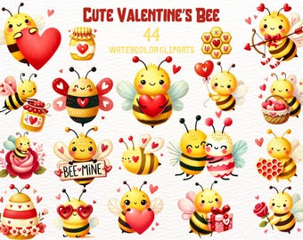 Cute Valentine's Day Bee Clipart / Honey Bee Clipart Bundle / Cute Bee Watercolor Clipart / Watercolor Bees And Honey Clipart