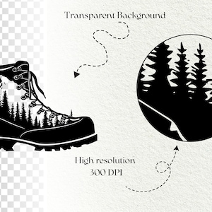 May include: Black and white illustration of a hiking boot with a mountain and forest scene inside. A circular graphic shows a forest silhouette. Text reads "Transparent Background" and "High resolution 300 DPI".