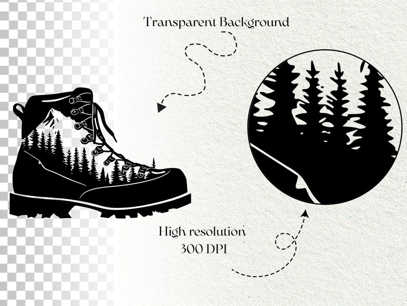 May include: Black and white illustration of a hiking boot with a mountain and forest scene inside. A circular graphic shows a forest silhouette. Text reads "Transparent Background" and "High resolution 300 DPI".