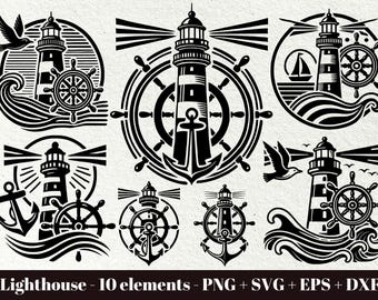 Paquete SVG de faro / Archivo SVG de faro / Faro con ola / Faro SVG náutico / Ancla náutica SVG / Uso comercial SVG