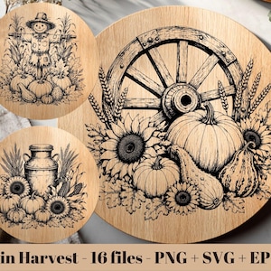 May include: A set of three circular wooden boards featuring black line art illustrations of autumn harvest scenes. Designs include a scarecrow, a milk can, and a wagon wheel, all surrounded by pumpkins, sunflowers, and wheat stalks.