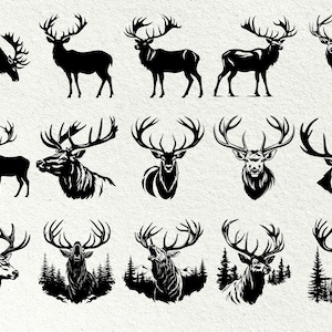 May include: A collection of 12 black and white silhouette illustrations of deer with antlers. The deer are in various poses, including standing, running, and looking to the side. Some of the deer have large antlers, while others have smaller antlers. The illustrations are simple and elegant, and they would be perfect for use in a variety of projects.
