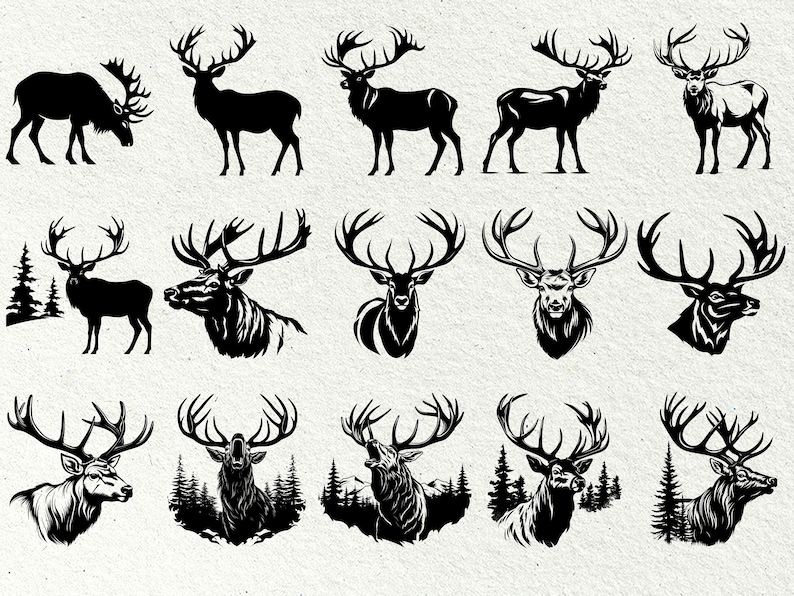 May include: A collection of 12 black and white silhouette illustrations of deer with antlers. The deer are in various poses, including standing, running, and looking to the side. Some of the deer have large antlers, while others have smaller antlers. The illustrations are simple and elegant, and they would be perfect for use in a variety of projects.