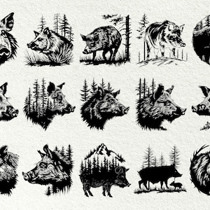 May include: A set of 12 black and white illustrations of wild boars in various poses, some with a forest background. The illustrations are in a vintage style.
