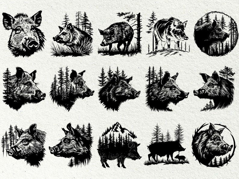 May include: A set of 12 black and white illustrations of wild boars in various poses, some with a forest background. The illustrations are in a vintage style.