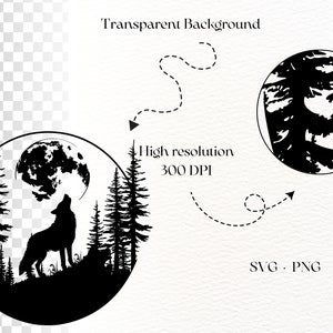 May include: Black and white silhouette of a wolf howling at the moon in a forest. The wolf is standing on a hill with trees behind it. The moon is full and bright. The image is in a circle.